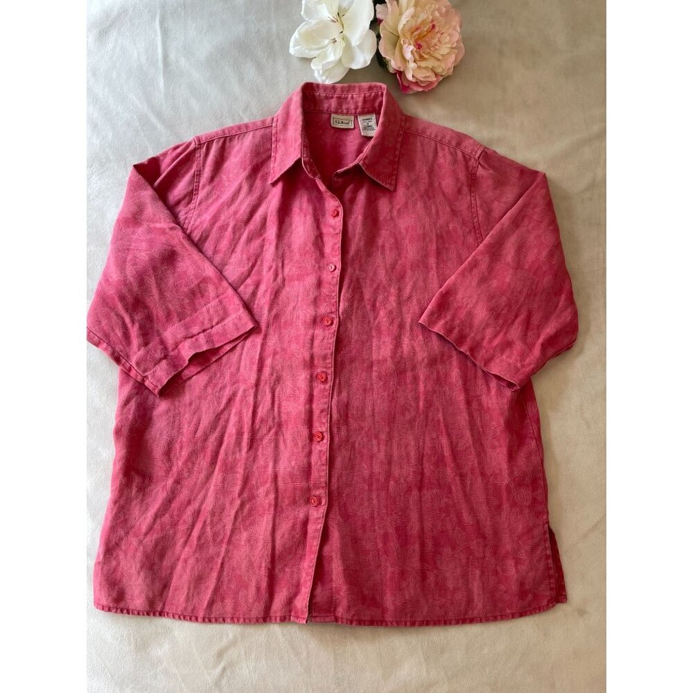 L.L. Bean Womens 100% Linen Shirt Sz 2X  Vintage Grandmacore Cottagecore Pink